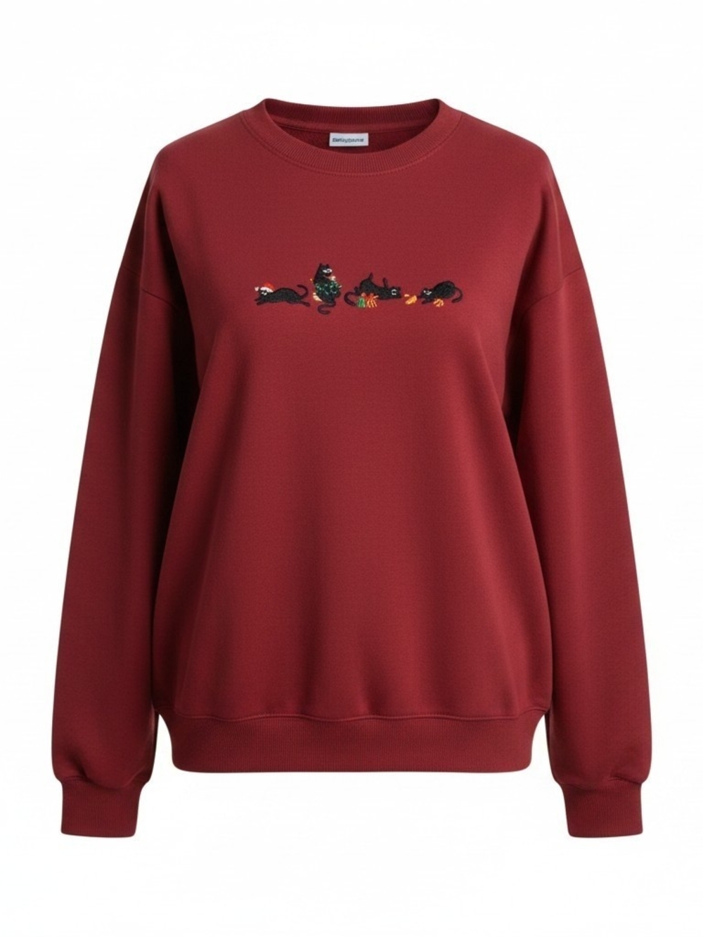 Red Crewneck Sweatshirt with Cat Embroidery